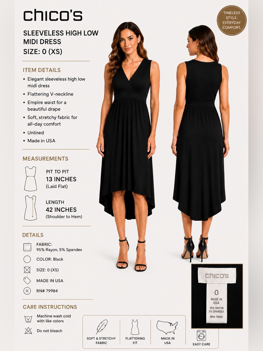 Chico's Black Sleeveless V-Neck High Low Midi Dress